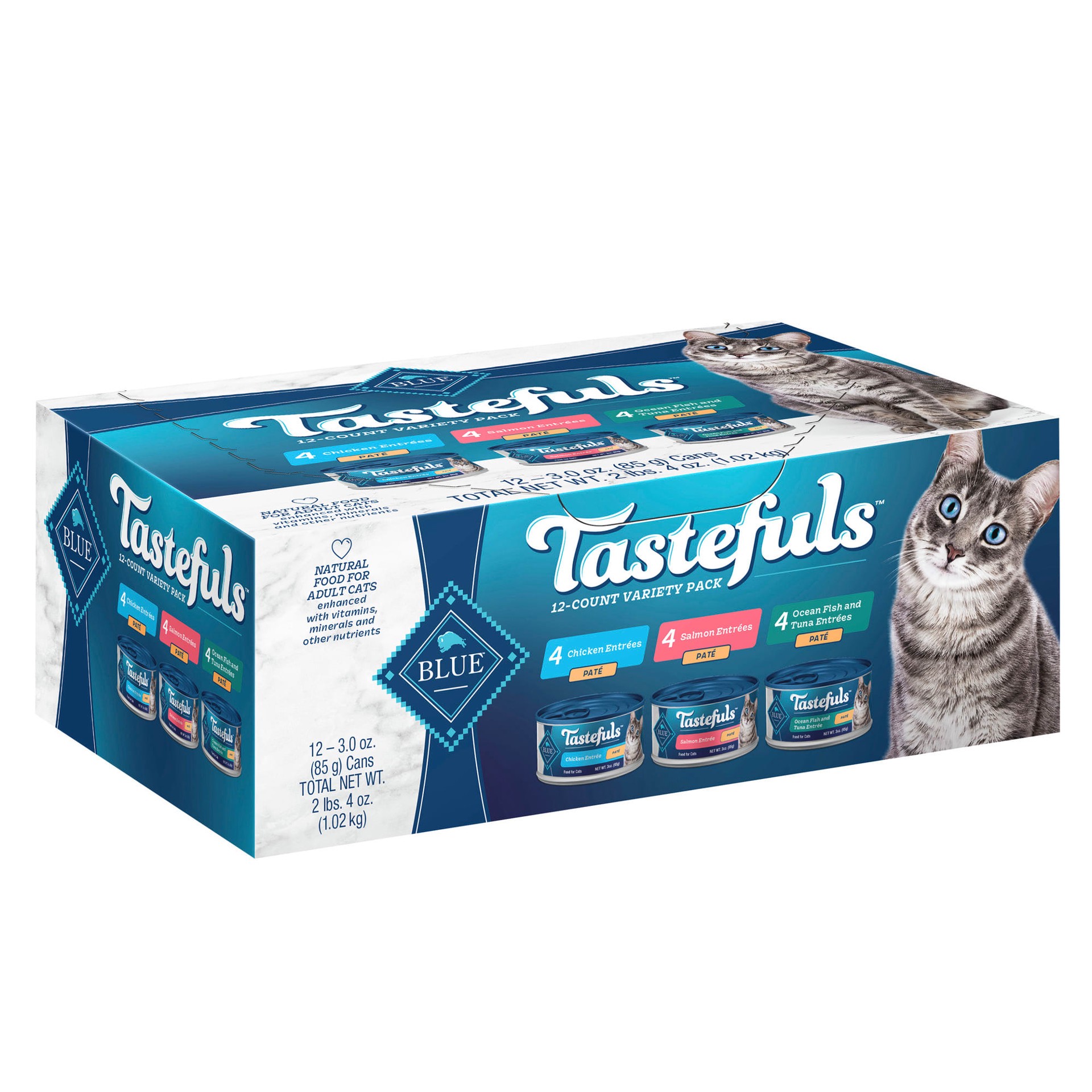 slide 1 of 3, Blue Buffalo Tastefuls Natural Pate Wet Cat Food Variety Pack, Salmon, Chicken, Ocean Fish & Tuna Entrées 3-oz Cans (12 Count - 4 of Each Flavor), 12 ct; 3 oz