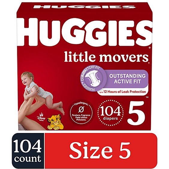 slide 1 of 7, Huggies Little Movers Baby Diapers Size 5 (27+ Lbs) - 104 Count, 104 ct