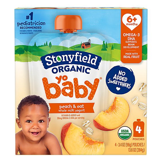 slide 1 of 1, Stonyfield Organic Yobaby Peach & Oat Whole Milk Baby Yogurt Pouches - 4 Count, 13.6 oz