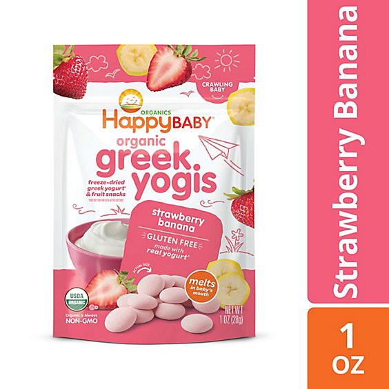 slide 1 of 1, Happy Baby Organics Greek Yogis Freeze-Dried Greek Yogurt Fruit Snacks Strawberry Banana - 1 Oz, 1 oz