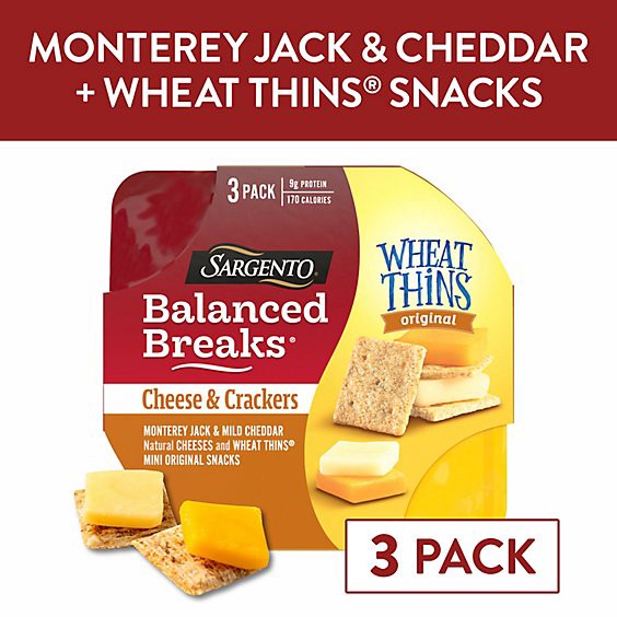 slide 1 of 11, Sargento Balanced Breaks Monterey Jack & Mild Cheddar Cheese Wheat Thins Minis - 3-1.5 Oz, 3 ct; 1.5 oz
