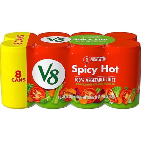 slide 1 of 10, V8 Spicy Hot 100% Vegetable Juice - 8-5.5 Fl. Oz., 8 ct; 5.5 fl oz