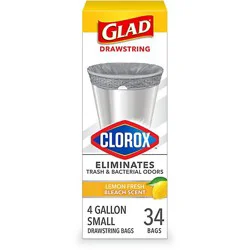 Glad Small Drawstring Trash Bags With Clorox 4 Gallon Lemon Fresh Bleach Scent - 34 Count