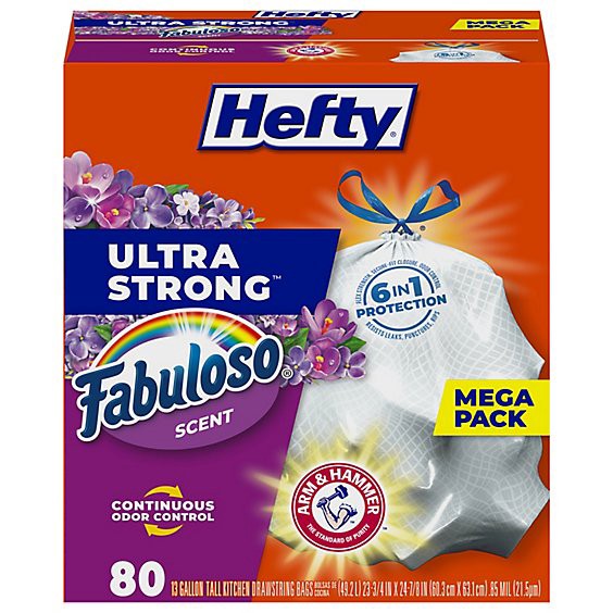 slide 1 of 8, Hefty Ultra Strong Kitchen Drawstring Trash Bags Tall 13 Gallon Fabuloso Scent - 80 Count, 80 ct