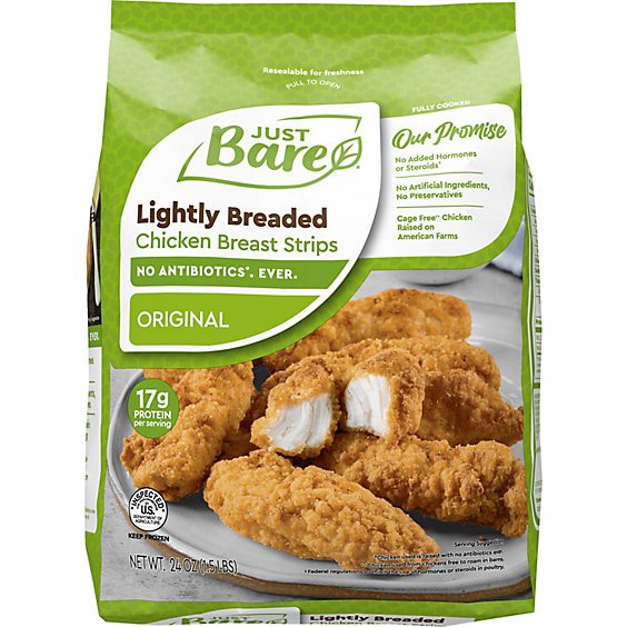 slide 1 of 5, Just Bare Fully Cooked Lightly Breaded Chicken Breast Strips - 24 Oz, 24 oz