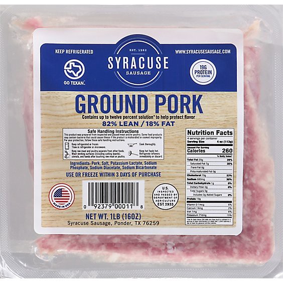 slide 1 of 1, Syracuse Sausage Ground Pork Frozen - 16 Oz, 16 oz