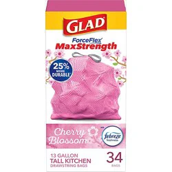 Glad Forceflex Maxstrength Tall Kitchen Drawstring Trash Bags 13 Gallon Cherry Blossom - 34 Count
