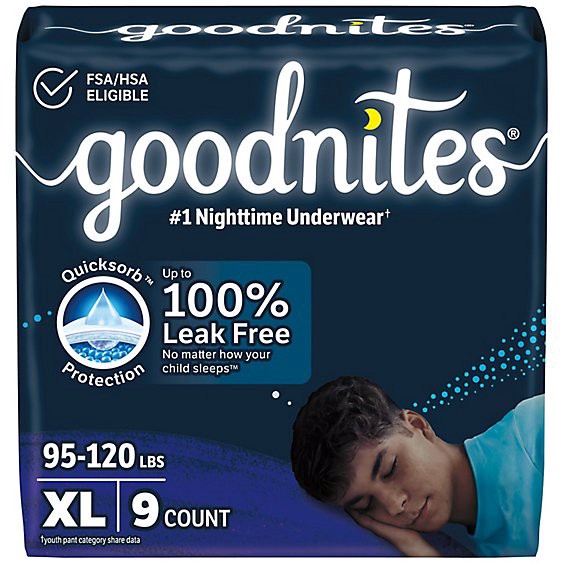 slide 1 of 5, Goodnites Boys' Nighttime Bedwetting Underwear Size Extra Large (95-140+ Lbs) - 9 Count, 9 ct