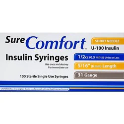 Sure Comfort Insulin Syringes 31gx5/16x1/2cc - 100 Ct