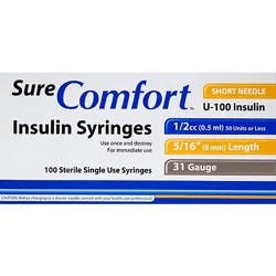 Sure Comfort Insulin Syringes 31gx5/16x1/2cc - 100 Ct