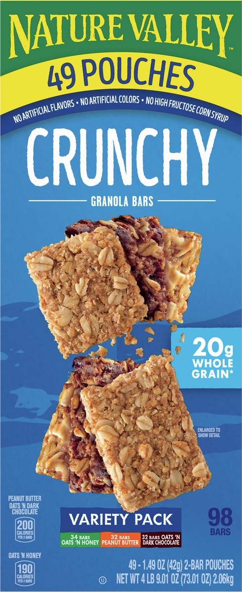 slide 4 of 14, Nature Valley Crunchy Granola Bars Variety Pack, 98 Bars, 73.01 oz (49 Pouches), 49 ct