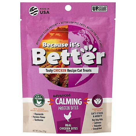 slide 1 of 1, Because Its Better Advanced Calming Protein Bites Cat Treats Real Chicken Strips - 2.8 Oz. Pouch - 2.8 OZ, 2.8 oz