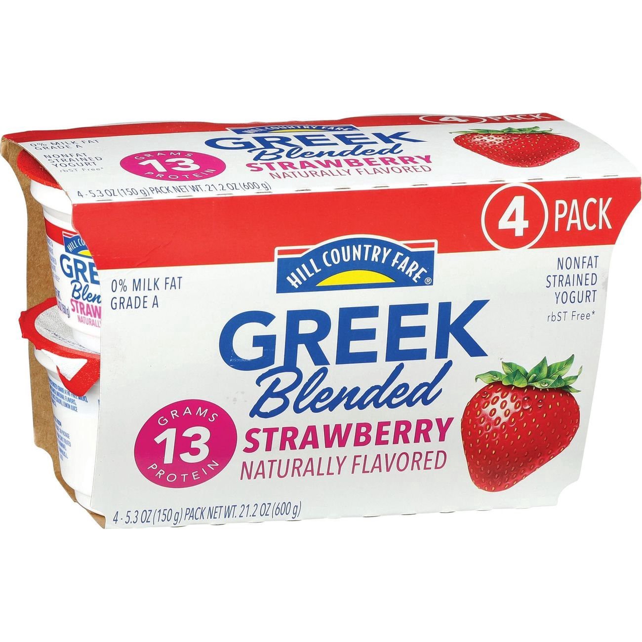 slide 1 of 1, Hill Country Fare 13g Protein Blended Nonfat Greek Yogurt - Strawberry, 4 ct