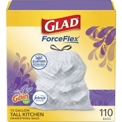 Glad Forceflex Tall Kitchen Drawstring Trash Bags 13 Gallon Gain Lavender With Febreze - 110 Count