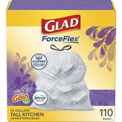Glad Forceflex Tall Kitchen Drawstring Trash Bags 13 Gallon Gain Lavender With Febreze - 110 Count
