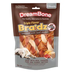 Dreambone Triple Flavor Braidz With Real Chicken Rawhide-Free Dog Chews 5 Count Bag - 11.8 Oz