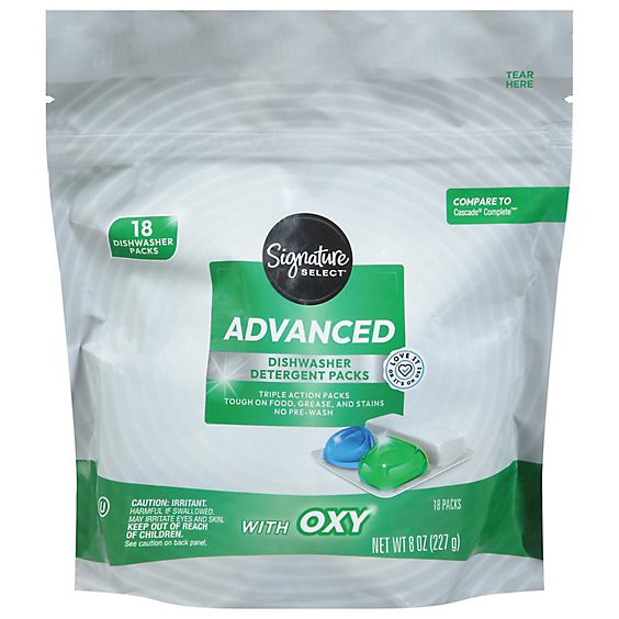 slide 1 of 1, Signature Select Advanced Dishwasher Detergent Packs With Oxy - 18 Count, 18 ct