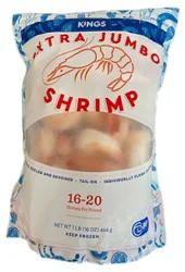 Kings Cooked Extra Jumbo Shrimp 16-20 Count Peeled And Deveined, Tail On - 16 Oz