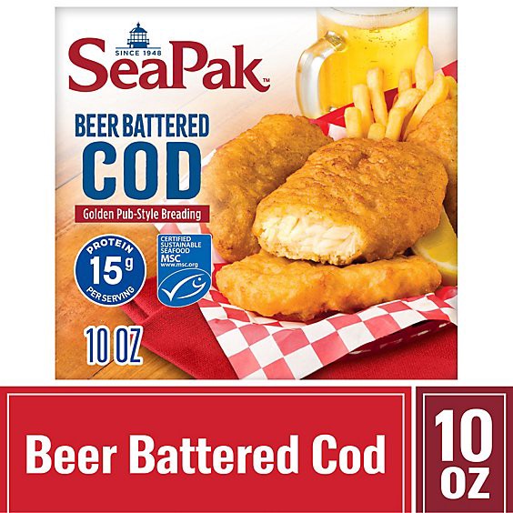 slide 1 of 7, Seapak Cod Beer Battered - 0.625 Oz., 10 oz