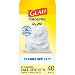 Glad Forceflex Fragrance Free Tall Kitchen Drawstring Trash Bags 13 Gallon - 40 Count