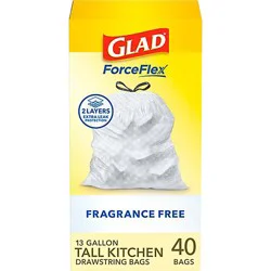 Glad Forceflex Fragrance Free Tall Kitchen Drawstring Trash Bags 13 Gallon - 40 Count