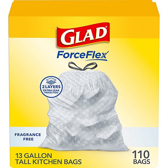 slide 1 of 3, Glad Forceflex Fragrance Free Tall Kitchen Drawstring Trash Bags 13 Gallon - 110 Count, 110 ct