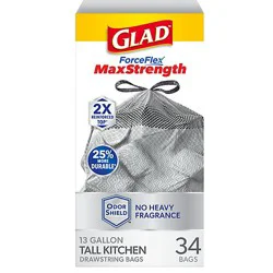 Glad Forceflex Maxstrength Grab Zone Drawstring Odor Shield 13 Gallon - 34 Count