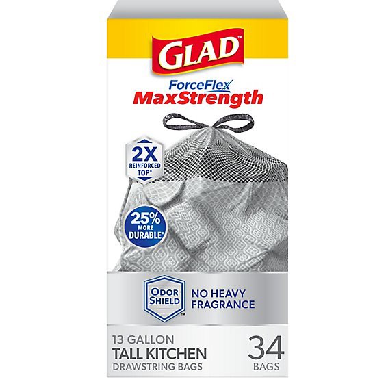 slide 1 of 3, Glad Forceflex Maxstrength Drawstring Odor Shield 13 Gallon - 34 Count, 34 ct