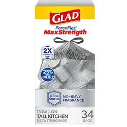 Glad Forceflex Maxstrength Drawstring Odor Shield 13 Gallon - 34 Count