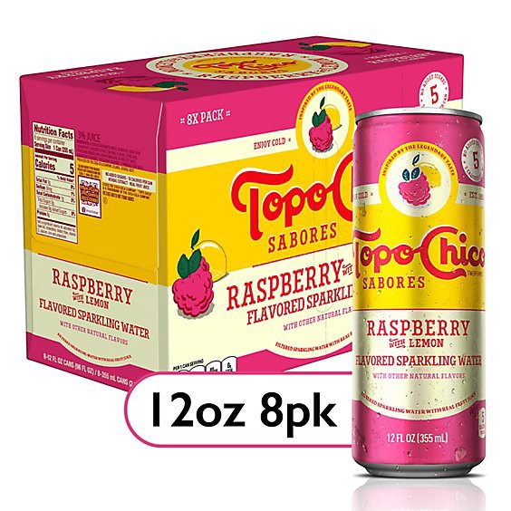 slide 1 of 3, Topo Chico Sabores Raspberry With Lemon Flavored Sparkling Water - 12 Fl. Oz., 8 ct; 12 fl oz