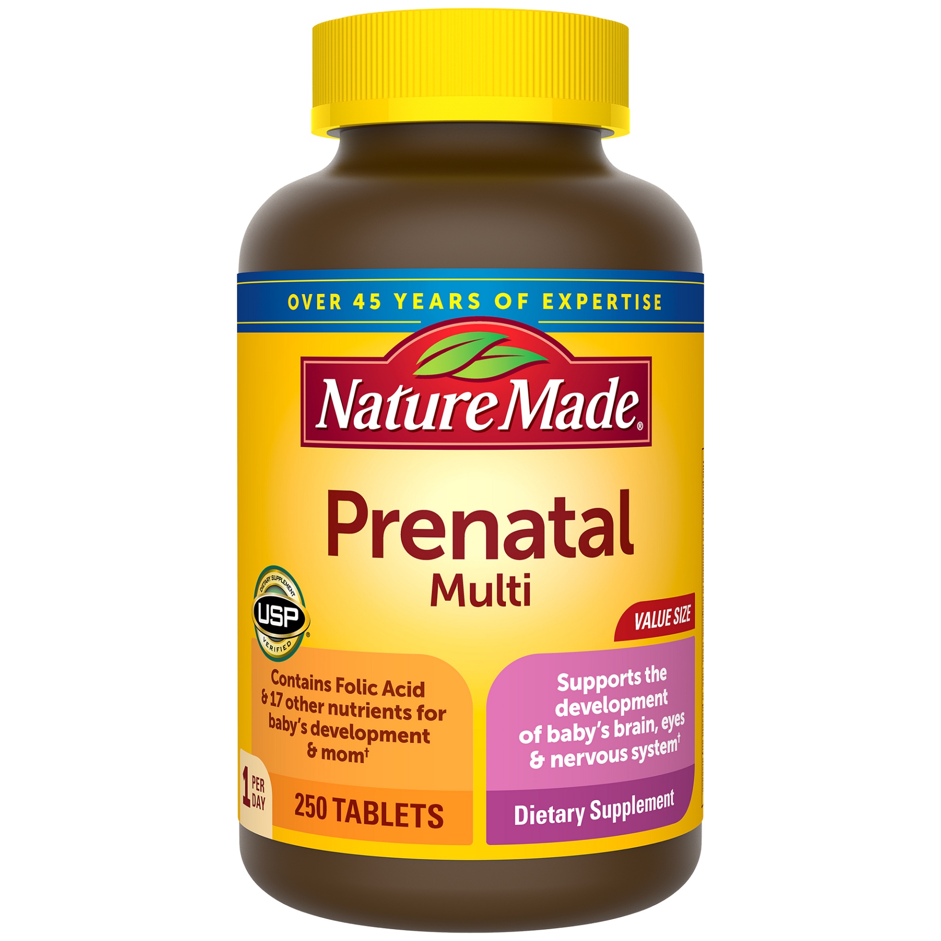 slide 1 of 6, Nature Made Prenatal Multi, 250 Tablets, Folic Acid + 17 Prenatal Vitamins & Minerals to Support Baby Development and Mom, Vitamin D3, Calcium, Iron, Iodine, Vitamin C, and More, 250 ct