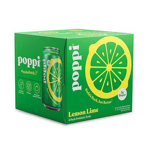 slide 1 of 1, Poppi Prebiotic Lemon Lime - 4-12 Fl. Oz., 4 ct; 12 fl oz