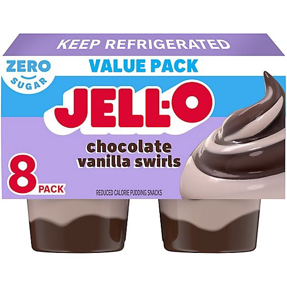 slide 1 of 12, Jell-O Chocolate Vanilla Swirls Artificially Flavored Zero Sugar Ready-To-Eat Pudding Snack Family Size Pack - 8 Count, 29 oz