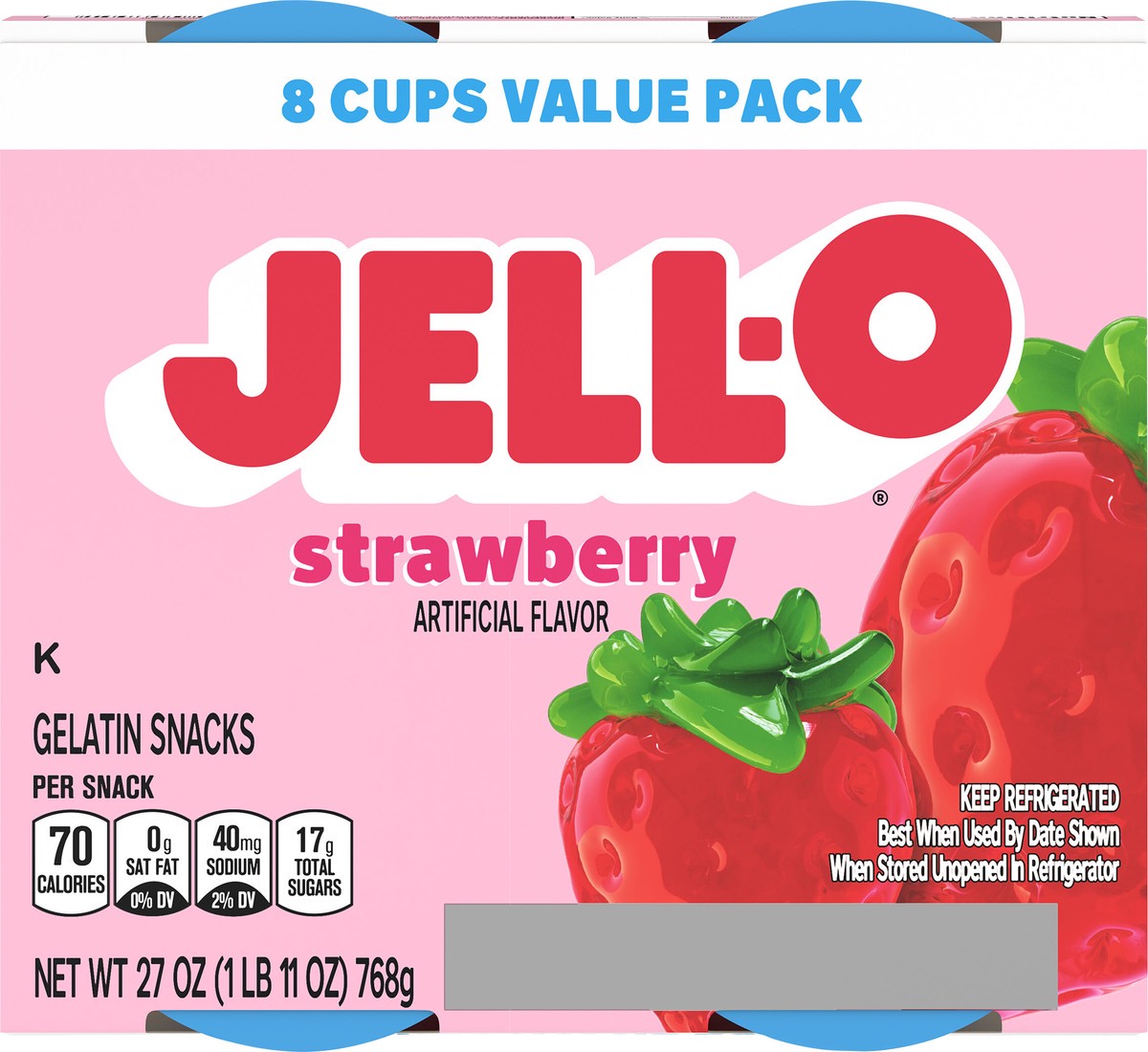 slide 9 of 12, Jell-O Original Strawberry Artificially Flavored Ready-To-Eat Snack Gelatin Value Pack - 8 Count, 27 oz