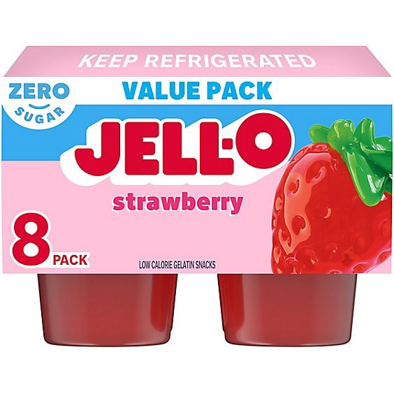slide 1 of 12, Jell-O Strawberry Artificially Flavored Zero Sugar Ready-To-Eat Gelatin Snack Family Size Pack - 8 Count, 25 oz