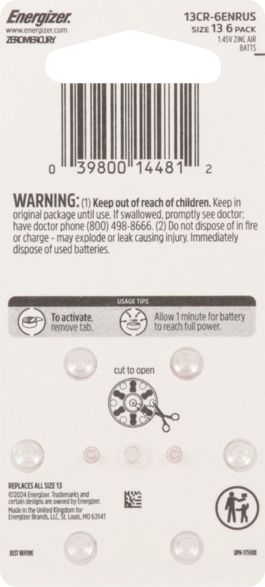 slide 6 of 10, Energizer Hearing Aid Zinc Air 13 Batteries - 6 Count, 6 ct