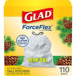 Glad Forceflex Tall Kitchen Drawstring Trash Bags 13 Gallon Pine Sol Original Scent 110 Count - 110 Ct
