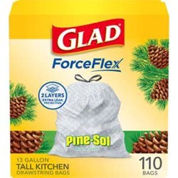 Glad Forceflex Tall Kitchen Drawstring Trash Bags 13 Gallon Pine Sol Original Scent - 110 Count