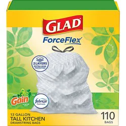 Glad Forceflex Tall Kitchen Drawstring Trash Bags 13 Gallon White Trash Bag Gain Original Scent - 110 Ct