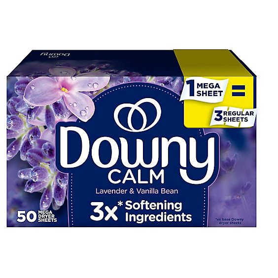 slide 1 of 1, Downy Infusions Mega Sheet Dryer Sheets Calm Lavender & Vanilla Bean - 50 Count, 50 ct