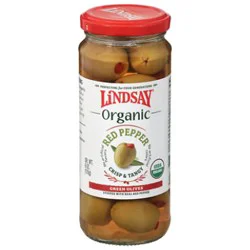 Lindsay Organic Greek Green Olives Stuffed With Red Pepper - 6 Oz