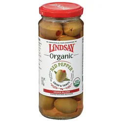 Lindsay Organic Greek Green Olives Stuffed With Red Pepper - 6 Oz