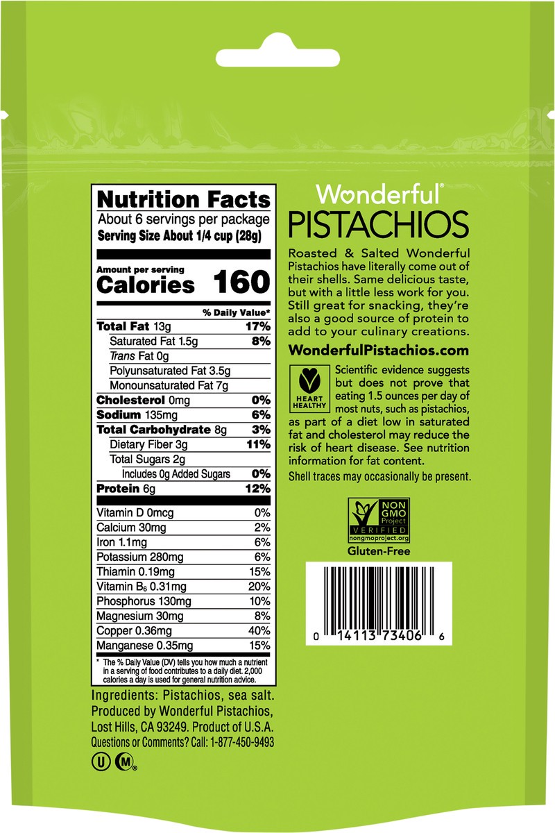 slide 2 of 6, Wonderful Pistachios, No Shells, Roasted & Salted Nuts, 6 Ounce Resealable Pouch , 6 oz