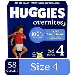 Huggies Overnites Nighttime Baby Diapers, Size 4 (22-37 Lbs) - 58 Count