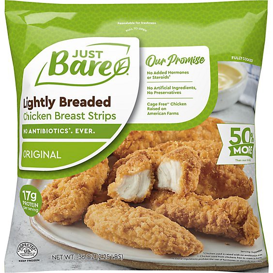 slide 1 of 1, Just Bare Lightly Breaded Chicken Breast Strips 36 Oz - 36 Oz, 36 oz