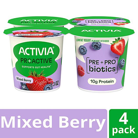 slide 1 of 1, Activia Proactive Mixed Berry Yogurt 4 - 5.3 Oz, 21.2 oz