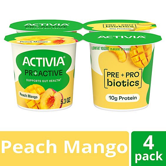 slide 1 of 1, Activia Proactive Peach Mango Yogurt 4-5.3 Oz - 4-5.3oz, 4 ct; 5.3 oz