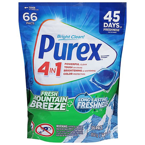 slide 1 of 1, Purex 4-In-1 Laundry Pacs, Fresh Mountain Breeze Plus Long Lasting Fr - 66 Ct, 66 ct
