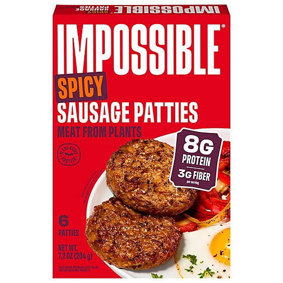 slide 1 of 1, Impossible Foods Sausage Patties Spicy Plant Based Frozen, Fully Cooked, 6 Patties, 7.2 Oz - 7.2 Oz, 7.2 oz