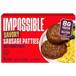 Impossible Foods Sausage Patties Savory Plant Based, Frozen, Fully Cooked, 6 Patties, 7.2 Oz - 7.2 Oz